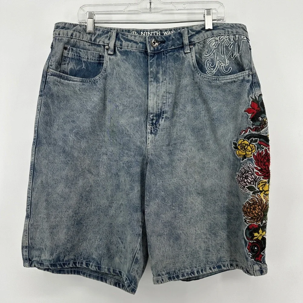 Ninth Hall Waylay Mens 36 Acid Wash Denim Shorts Floral Embroidered Streetwear